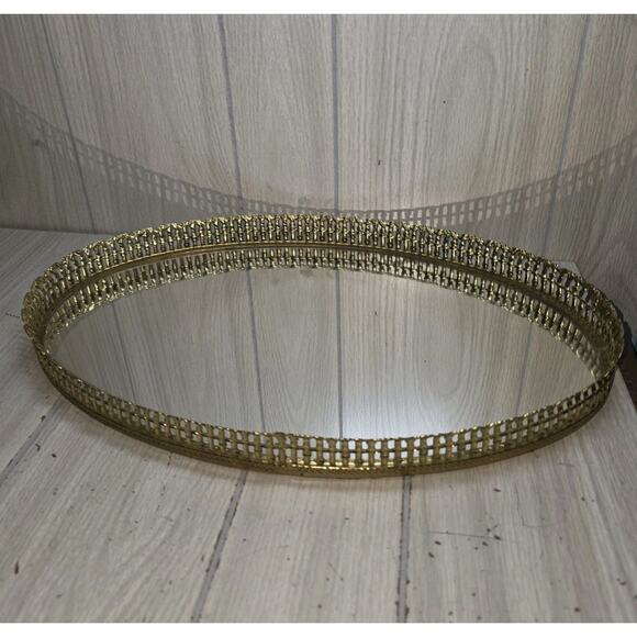 Vtg Hollywood Regency Gold Ornate Filigree Oval Mirror Vanity Tray MCM Large